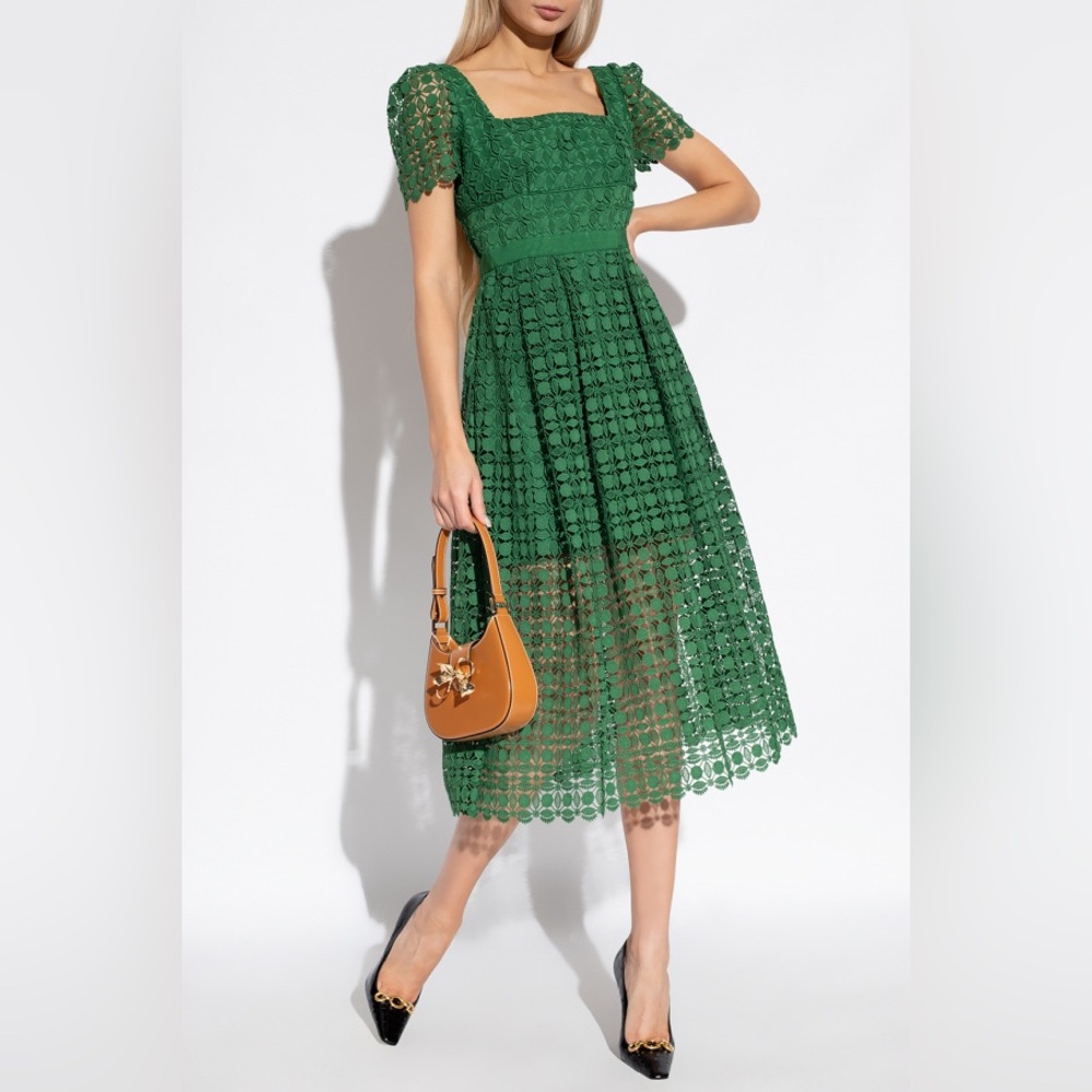 Self Portrait - Emerald Green Lace Midi Dress - Size UK 12